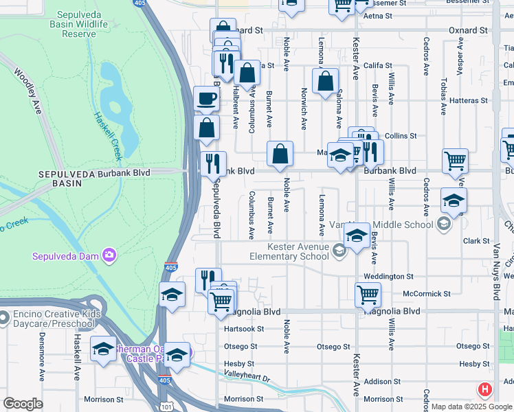 map of restaurants, bars, coffee shops, grocery stores, and more near 5460 Columbus Avenue in Los Angeles