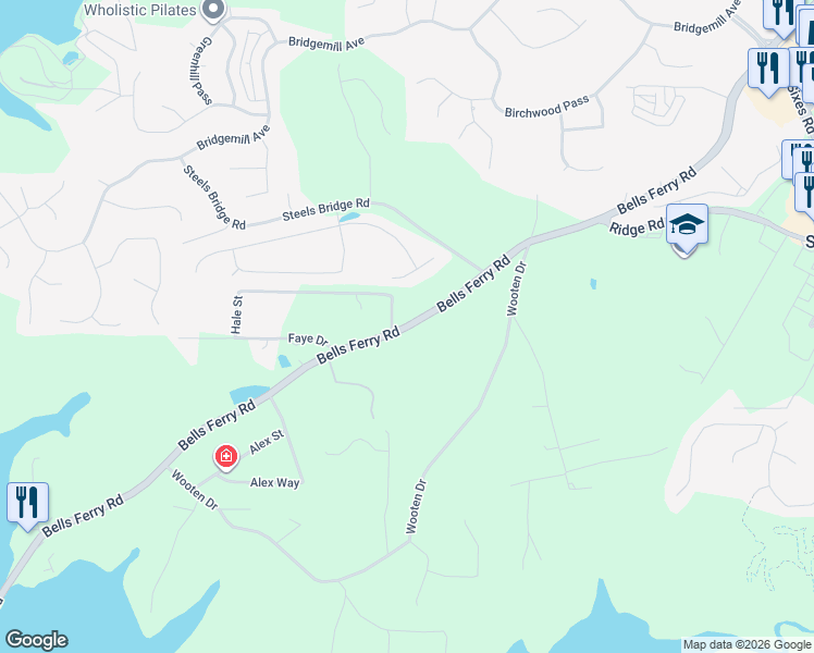 map of restaurants, bars, coffee shops, grocery stores, and more near Bells Ferry Road in Cherokee County