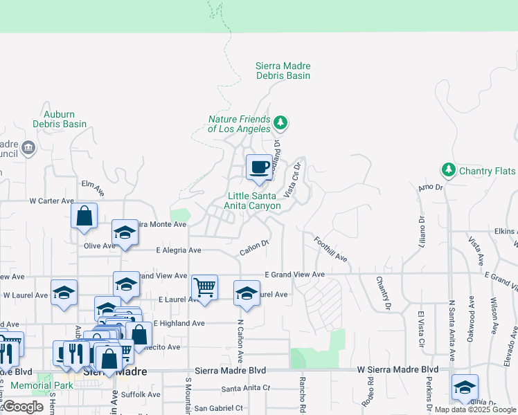 map of restaurants, bars, coffee shops, grocery stores, and more near 483 Sturtevant Drive in Sierra Madre