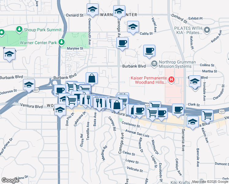 map of restaurants, bars, coffee shops, grocery stores, and more near 5515 Canoga Avenue in Los Angeles