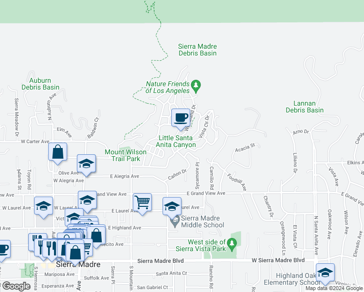 map of restaurants, bars, coffee shops, grocery stores, and more near 487 Sturtevant Drive in Sierra Madre