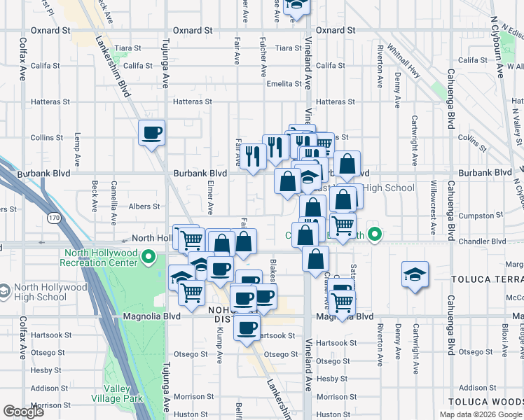 map of restaurants, bars, coffee shops, grocery stores, and more near 11123 Cumpston Street in Los Angeles