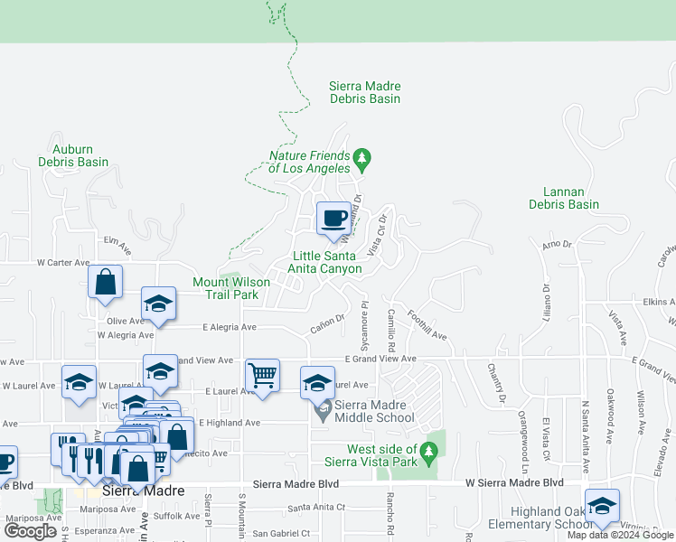 map of restaurants, bars, coffee shops, grocery stores, and more near 475 Sturtevant Drive in Sierra Madre
