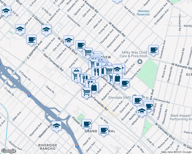 map of restaurants, bars, coffee shops, grocery stores, and more near 1049 Winchester Avenue in Glendale
