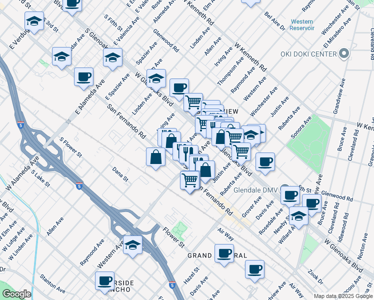 map of restaurants, bars, coffee shops, grocery stores, and more near 1031 Western Avenue in Glendale