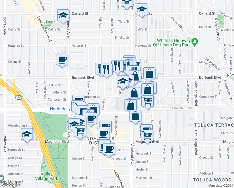 map of restaurants, bars, coffee shops, grocery stores, and more near 11103 Cumpston Street in Los Angeles