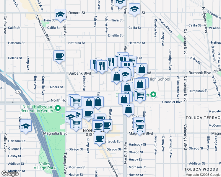 map of restaurants, bars, coffee shops, grocery stores, and more near 11103 Cumpston Street in Los Angeles