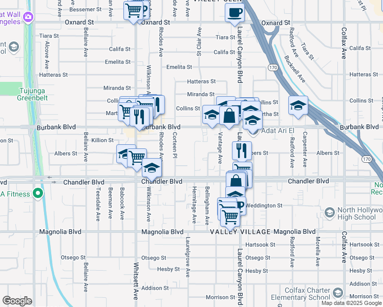 map of restaurants, bars, coffee shops, grocery stores, and more near 5444 Corteen Place in Los Angeles