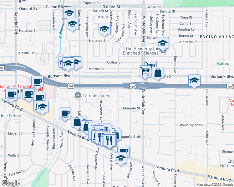 map of restaurants, bars, coffee shops, grocery stores, and more near 5455 Zelzah Avenue in Los Angeles