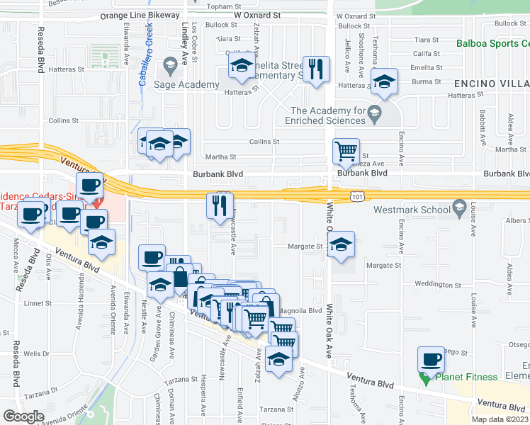 map of restaurants, bars, coffee shops, grocery stores, and more near 5455 Zelzah Avenue in Los Angeles
