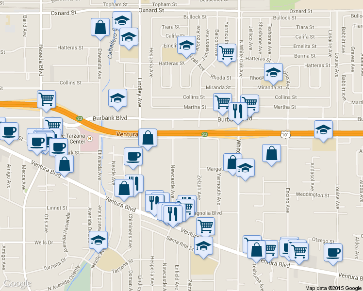map of restaurants, bars, coffee shops, grocery stores, and more near 5446 Newcastle Avenue in Los Angeles