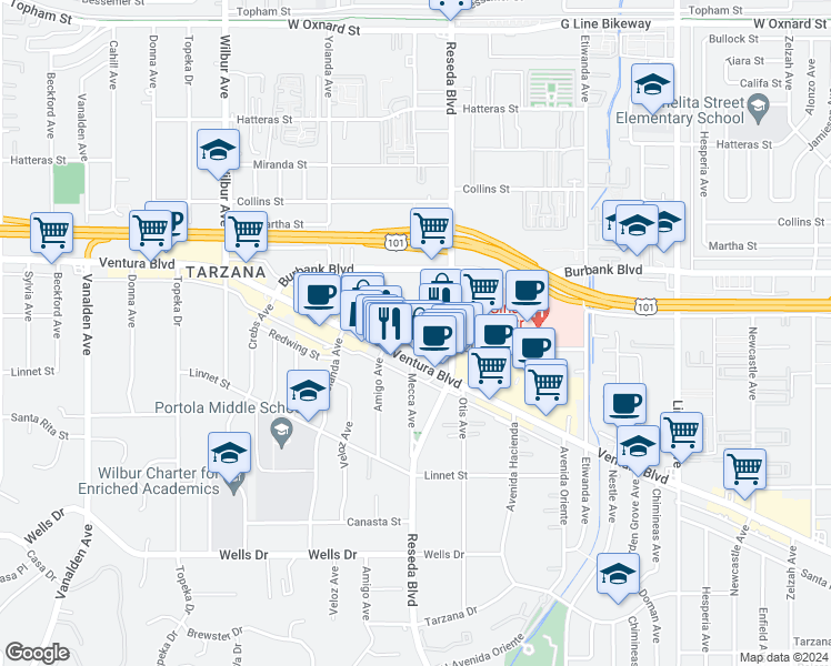 map of restaurants, bars, coffee shops, grocery stores, and more near 18547 Ventura Boulevard in Los Angeles