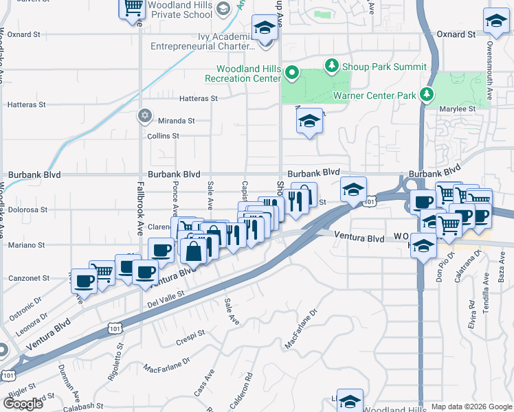 map of restaurants, bars, coffee shops, grocery stores, and more near 22422 Dolorosa Street in Los Angeles