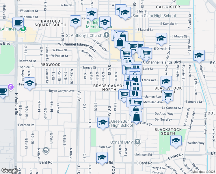 map of restaurants, bars, coffee shops, grocery stores, and more near 331 Bryce Canyon Avenue in Oxnard