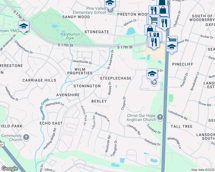 map of restaurants, bars, coffee shops, grocery stores, and more near 1422 Bexley Drive in Wilmington