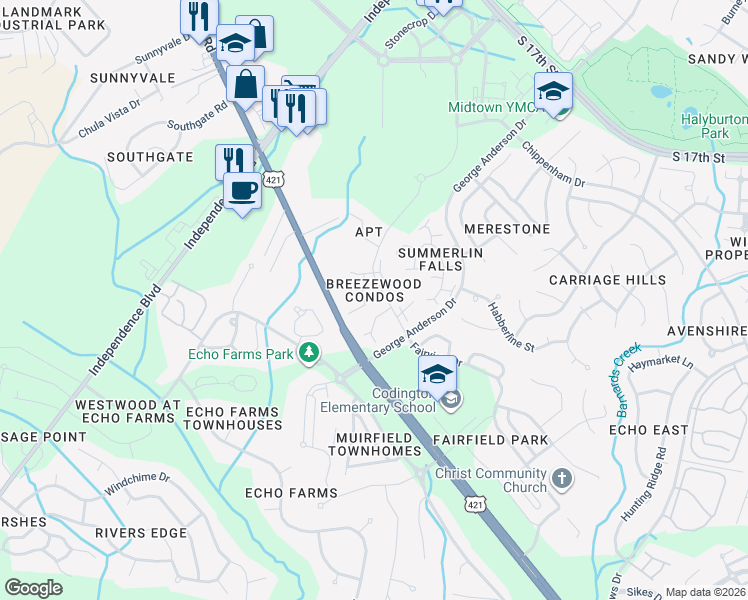 map of restaurants, bars, coffee shops, grocery stores, and more near 4138 Breezewood Drive in Wilmington