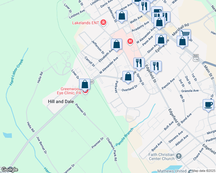 map of restaurants, bars, coffee shops, grocery stores, and more near 1508 Parkway in Greenwood