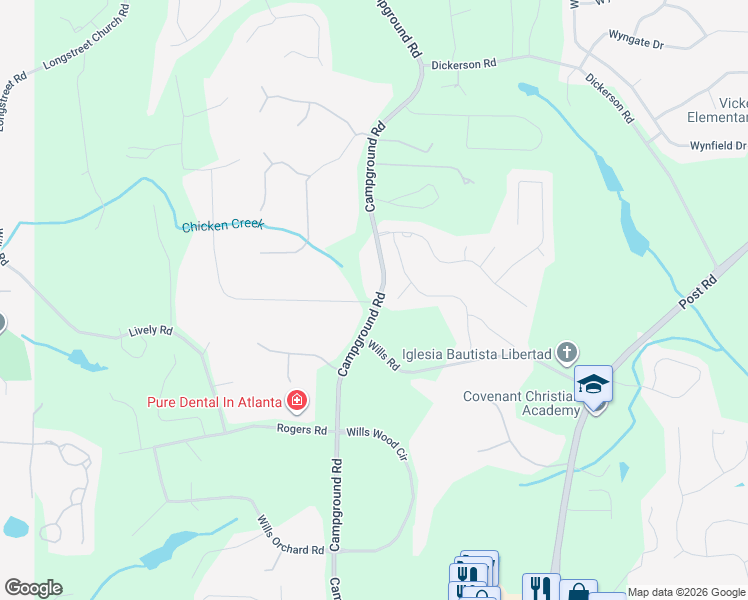 map of restaurants, bars, coffee shops, grocery stores, and more near Valley Stream Drive in Forsyth County