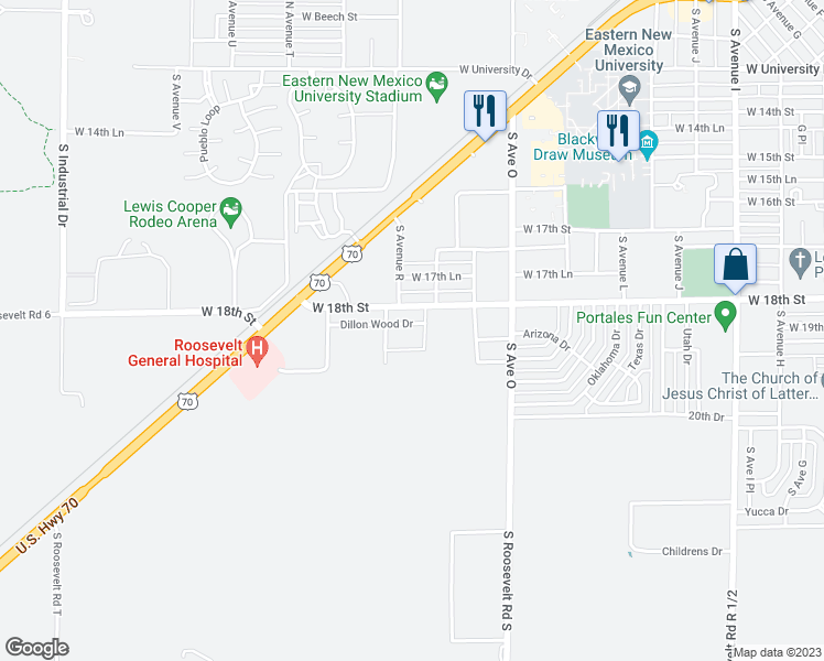 map of restaurants, bars, coffee shops, grocery stores, and more near 1827 Dillon Wood Drive in Portales