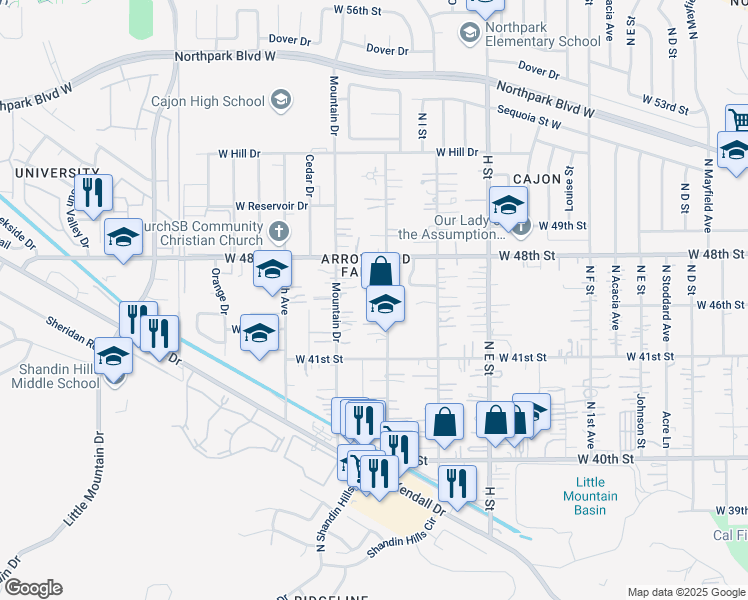 map of restaurants, bars, coffee shops, grocery stores, and more near 4160 North 3rd Avenue in San Bernardino County