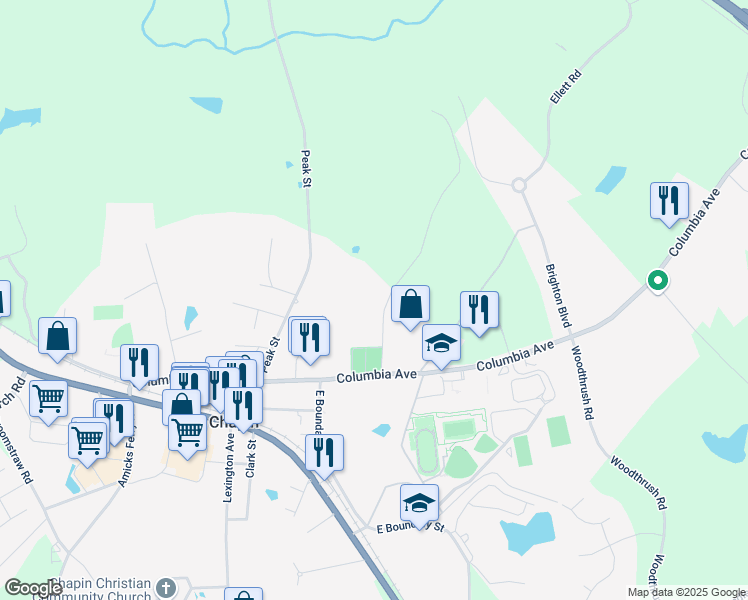 map of restaurants, bars, coffee shops, grocery stores, and more near 200 Roland Shealy Court in Chapin