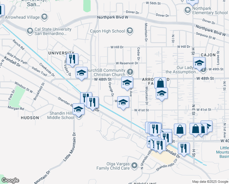 map of restaurants, bars, coffee shops, grocery stores, and more near 4651 Orange Drive in San Bernardino
