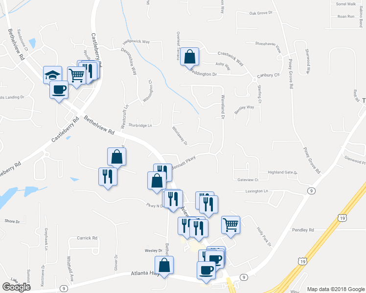 map of restaurants, bars, coffee shops, grocery stores, and more near 6275 Whirlaway Drive in Cumming