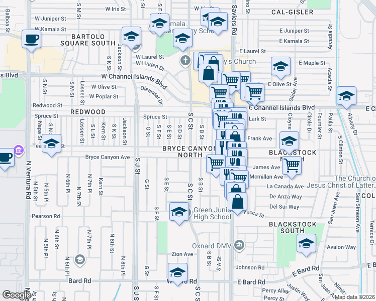 map of restaurants, bars, coffee shops, grocery stores, and more near 331 Bryce Canyon Avenue in Oxnard