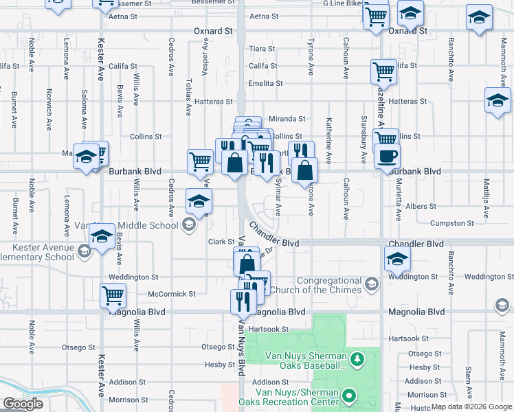 map of restaurants, bars, coffee shops, grocery stores, and more near 5455 Sylmar Avenue in Los Angeles