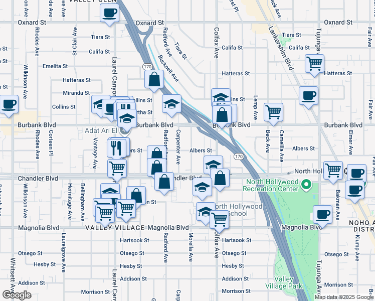 map of restaurants, bars, coffee shops, grocery stores, and more near 5445 Morella Avenue in Los Angeles