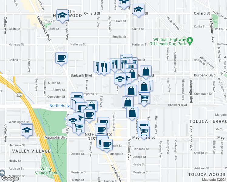 map of restaurants, bars, coffee shops, grocery stores, and more near 11103 Cumpston Street in Los Angeles