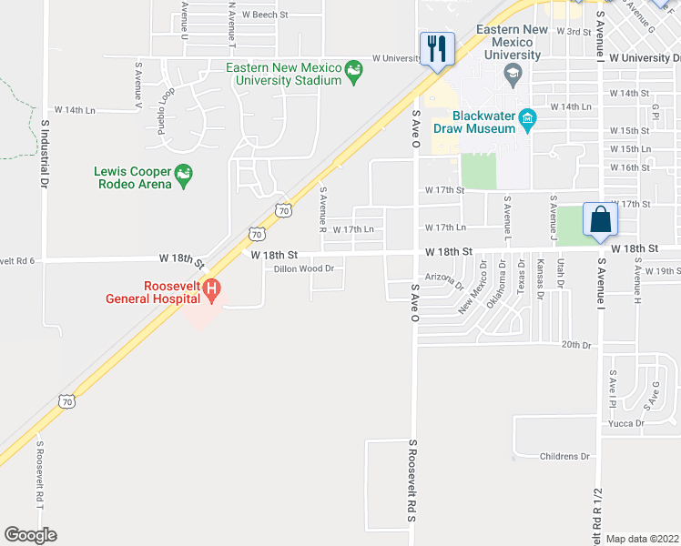 map of restaurants, bars, coffee shops, grocery stores, and more near 1823 Dillon Wood Drive in Portales