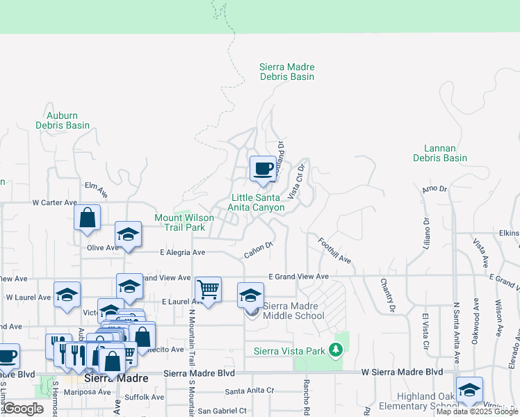 map of restaurants, bars, coffee shops, grocery stores, and more near 484 Audubon Way in Sierra Madre