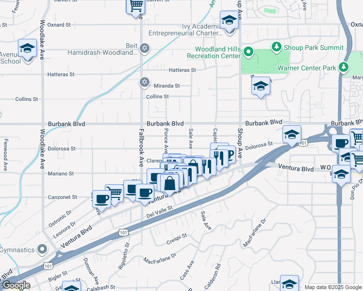 map of restaurants, bars, coffee shops, grocery stores, and more near 22621 Dolorosa Street in Los Angeles