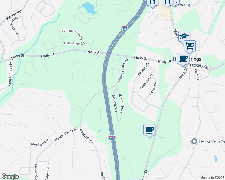 map of restaurants, bars, coffee shops, grocery stores, and more near 203 Manous Way in Canton