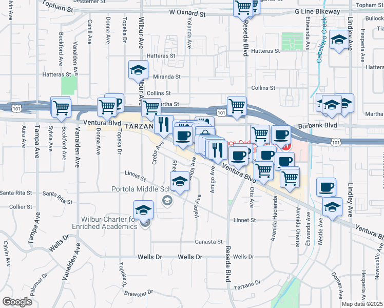 map of restaurants, bars, coffee shops, grocery stores, and more near 18700 Ventura Boulevard in Los Angeles