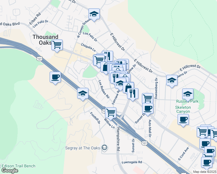 map of restaurants, bars, coffee shops, grocery stores, and more near 2884 Crescent Way in Thousand Oaks