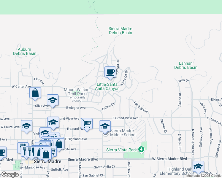 map of restaurants, bars, coffee shops, grocery stores, and more near 495 Sturtevant Drive in Sierra Madre