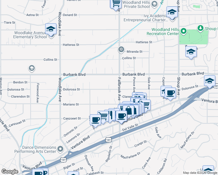 map of restaurants, bars, coffee shops, grocery stores, and more near 22843 Dolorosa Street in Los Angeles