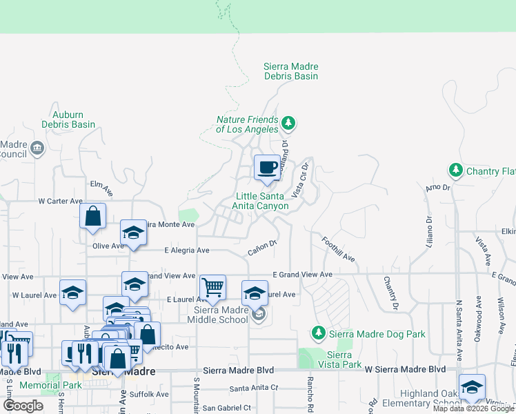 map of restaurants, bars, coffee shops, grocery stores, and more near 475 Sturtevant Drive in Sierra Madre