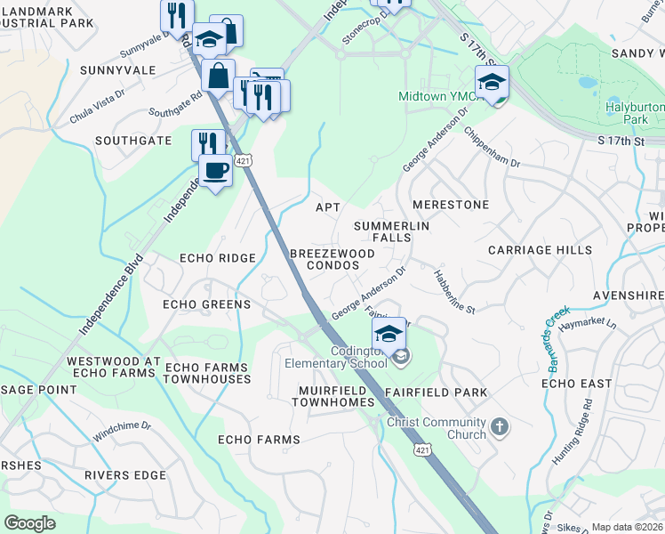 map of restaurants, bars, coffee shops, grocery stores, and more near 4138 Breezewood Drive in Wilmington