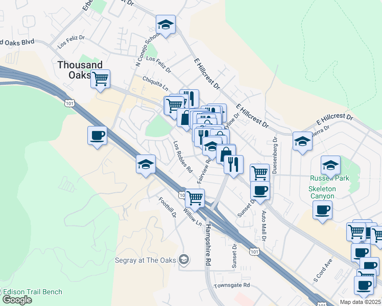 map of restaurants, bars, coffee shops, grocery stores, and more near 2884 Crescent Way in Thousand Oaks