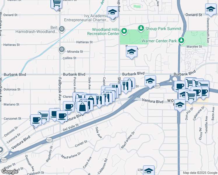 map of restaurants, bars, coffee shops, grocery stores, and more near 22422 Dolorosa Street in Los Angeles