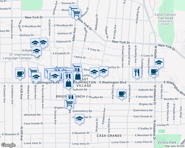 map of restaurants, bars, coffee shops, grocery stores, and more near 2040 Jefferson Drive in Pasadena
