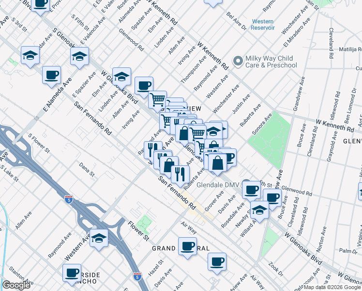 map of restaurants, bars, coffee shops, grocery stores, and more near 1612 West Glenoaks Boulevard in Glendale