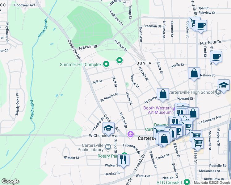 map of restaurants, bars, coffee shops, grocery stores, and more near 27 Saint Francis Place in Cartersville