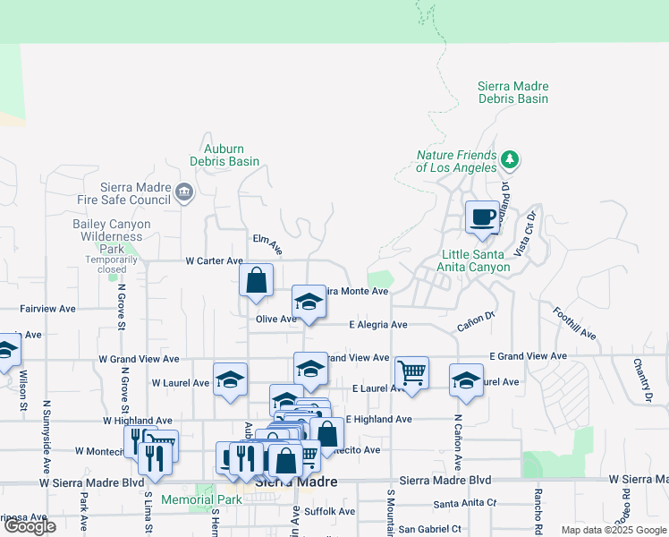 map of restaurants, bars, coffee shops, grocery stores, and more near 58 East Carter Avenue in Sierra Madre