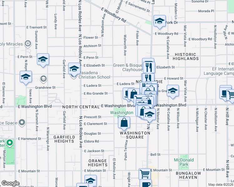 map of restaurants, bars, coffee shops, grocery stores, and more near 676 East Rio Grande Street in Pasadena