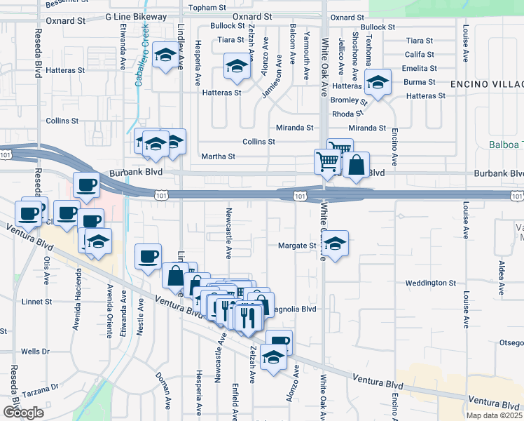 map of restaurants, bars, coffee shops, grocery stores, and more near 5455 Zelzah Avenue in Los Angeles