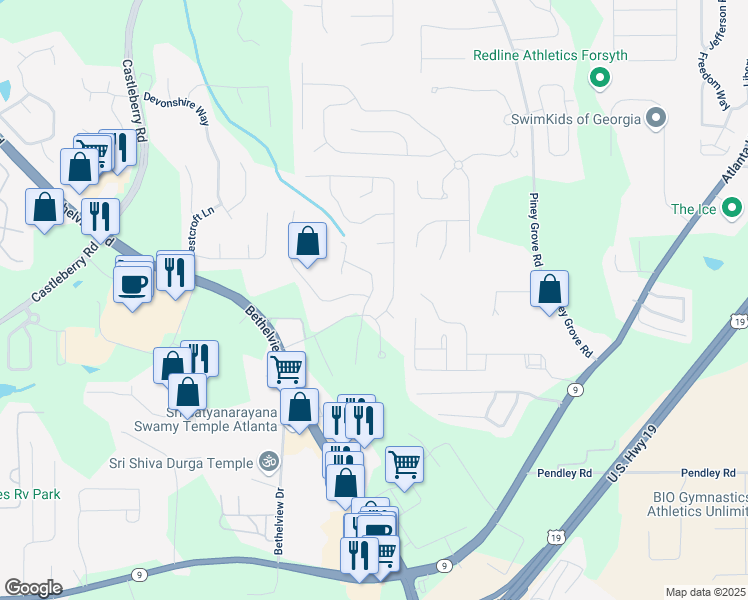 map of restaurants, bars, coffee shops, grocery stores, and more near 6030 Turfway Drive in Cumming